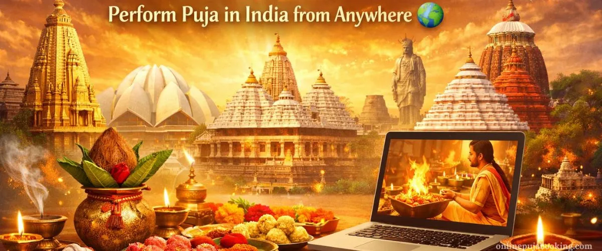 Online puja booking for NRIs showing Indian temples, puja thali, kalash, diya, and a priest performing havan via laptop from India